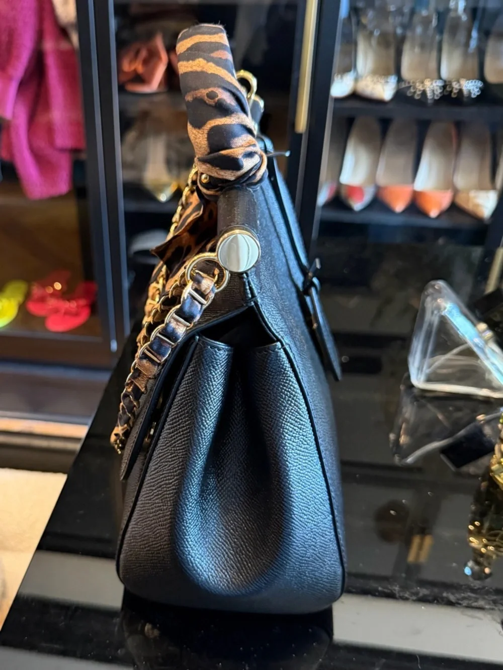 Dolce & Gabbana Black Satchel with Leopard-Print Scarf and Gold Chain Detail - Picture 3 of 7